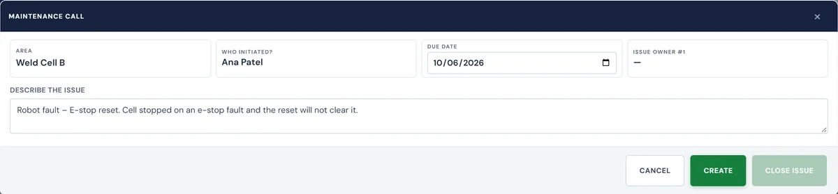 Operator console: a maintenance call from Weld Cell B raised by Ana Patel, reading 'Robot fault – E-stop reset. Cell stopped on an e-stop fault and the reset will not clear it.'
