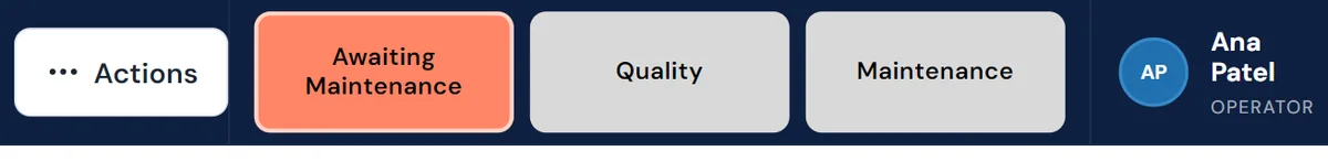 Console header push buttons: Awaiting Maintenance in red, with Quality and Maintenance idle, signed in as Ana Patel
