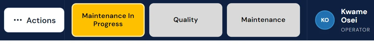 Console header push buttons: Maintenance In Progress in amber, signed in as Kwame Osei