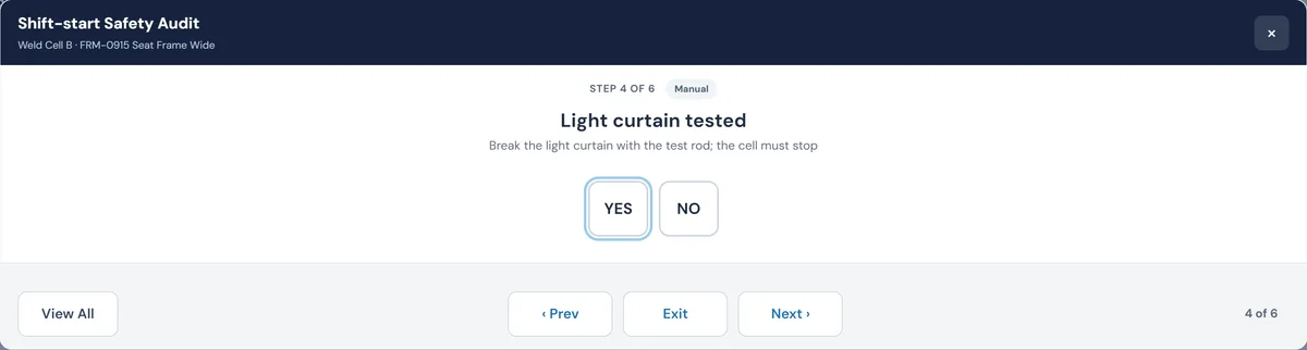 Operator console on Weld Cell B: the Shift-start Safety Audit at step 4 of 6, 'Light curtain tested: break the light curtain with the test rod; the cell must stop', with Yes and No buttons