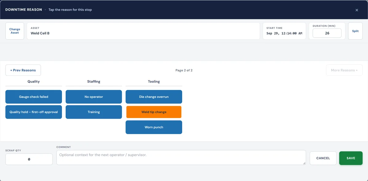 Operator console: the downtime reason picker for a 26-minute stop on Weld Cell B that started at 12:14 AM, with Tooling, Weld tip change selected