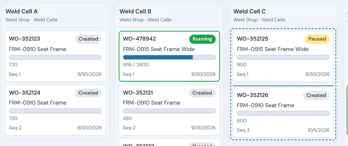 Scheduling board mid-drag: order WO-352124 being moved to Weld Cell C, whose column shows a dashed drop outline and an insertion line between WO-352125 and WO-352126