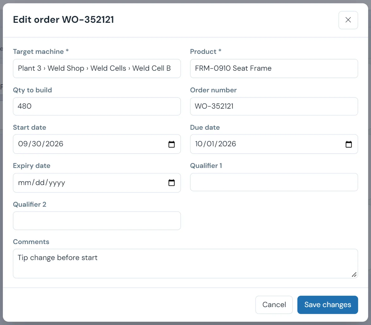 Edit order WO-352121: target machine Plant 3 › Weld Shop › Weld Cells › Weld Cell B, product FRM-0910 Seat Frame, quantity 480, start 09/30/2026, due 10/01/2026, expiry, two qualifiers and the comment 'Tip change before start'